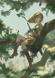 1boy akihare artist_name blonde_hair blue_sky branch brown_footwear bush dappled_sunlight elf full_body green_eyes green_hat hair_between_eyes hat highres holding holding_sword holding_weapon leaf link looking_ahead looking_at_viewer male_focus nintendo on_tree outdoors parted_lips pointy_ears shadow sidelocks sitting sky solo sunlight sword the_legend_of_zelda twitter_username weapon