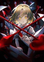 Rule 34 | alice margatroid, alice margatroid (pc-98), blonde hair, blue hairband, bow, crossed weapons, diamond (shape), fingernails, hair bow, hair ornament, hair ribbon, hairband, heart, highres, long fingernails, mystic square, nail polish, ribbon, rokuya (68 zusao), shirt, short hair, short sleeves, signature, suspenders, touhou, touhou (pc-98), twitter username, watermark, yellow eyes