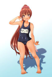 Rule 34 | 1girl, alternate costume, alternate hairstyle, black one-piece swimsuit, brown eyes, brown hair, character name, covered navel, dark-skinned female, dark skin, flat chest, full body, high ponytail, highres, kantai collection, libeccio (kancolle), long hair, name tag, nawohata, old school swimsuit, one-piece swimsuit, ponytail, school swimsuit, shadow, solo, standing, swimsuit