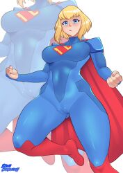 1girl absurdres artist_name blonde_hair blue_eyes bodysuit bonecrusherii boots breasts cape dc_comics highres latex long_sleeves medium_breasts muscular muscular_female open_mouth red_boots red_cape short_hair simple_background supergirl superhero_costume superman_(series) superman_logo thighs white_background