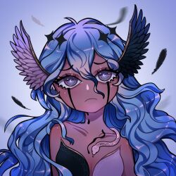 Rule 34 | black tears, blue hair, borrowed character, collarbone, commentary, crescent-shaped pupils, crying, dark-skinned female, dark skin, english commentary, feathered wings, feathers, flat chest, frown, grey hair, hair between eyes, head wings, long hair, mimpish, original, snake, streaming tears, symbol-shaped pupils, tears, upper body, wavy hair, wings