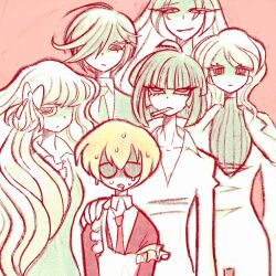 1boy 5girls apron blonde_hair bow cigarette collared_shirt faust_(project_moon) frilled_apron frills hair_bow hand_on_another&#039;s_shoulder highres homilpain ishmael_(project_moon) light_frown limbus_company limited_palette long_hair looking_at_another looking_at_viewer multiple_girls necktie outis_(project_moon) project_moon red_background red_eyes red_necktie ringed_eyes rodion_(project_moon) ryoshu_(project_moon) scared shirt short_hair simple_background sinclair_(project_moon) smile sweat sweater turtleneck turtleneck_sweater white_apron white_hair white_shirt
