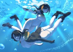 Rule 34 | 2girls, black boots, black gloves, black hair, black hoodie, blonde hair, boots, chicha (chi cha rigbo), elbow gloves, emperor penguin (kemono friends), from below, gloves, hair over one eye, headphones, high collar, highres, hood, hood down, hoodie, kemono friends, king penguin (kemono friends), long sleeves, looking at viewer, mittens, multicolored hair, multiple girls, one-piece swimsuit, open clothes, open hoodie, orange eyes, orange hair, penguin girl, penguin tail, short hair, short sleeves, swimming, swimsuit, tail, thighhighs, two-tone gloves, underwater, white gloves, white hoodie, white one-piece swimsuit, white thighhighs