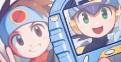 Rule 34 | 2boys, blue headband, blue helmet, blurry, blurry background, brothers, brown eyes, brown hair, close-up, green eyes, headband, helmet, klenschheim, lan hikari (mega man), male focus, mega man (series), mega man battle network (series), megaman.exe, multiple boys, netnavi, object focus, siblings, twins, v