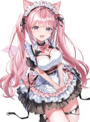1girl :3 animal_ears antenna_hair belt black_belt black_dress black_ribbon blush bow bowtie braid breasts cleavage commentary dress fang hair_ribbon hakui_koyori hakui_koyori_(dark_maid) heart heart_o-ring highres hololive karanashi_noma key large_breasts layered_dress long_hair maid_headdress o-ring o-ring_thigh_strap open_mouth pink_bow pink_bowtie pink_dress pink_hair purple_eyes ribbon short_sleeves simple_background skin_fang smile solo tail thigh_strap thighs twintails virtual_youtuber white_background wolf_ears wolf_girl wolf_tail