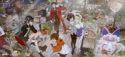 +_+ 1boy 5girls absurdres against_glass animal birdcage black_boots black_cat black_coat black_eyes black_hair black_hat black_pants black_pantyhose black_shirt black_shoes black_shorts black_skirt blonde_hair boots brown_hair cage calico_cat carrying_over_shoulder cat clipboard coat copyright_name crossed_legs cup dress fish fish_tank flower flower_pot formal_clothes glasses goldfish grey_jacket hat highres holding holding_animal holding_clipboard holding_cup holding_pen hongpao_(xinyue_tongxing) indoors jacket lanyard logo long_hair maque_(xinyue_tongxing) mascot_costume miniskirt mug multiple_girls official_art on_chair orange_jacket pants pantyhose pen pencil_skirt plant ponytail potted_plant purple_jacket qianqiu_(xinyue_tongxing) red_coat round_eyewear scenery shelf shirt shoes short_hair shorts sitting sketch skirt skirt_suit squatting standing suit wenjing_(xinyue_tongxing) white_boots white_dress white_skirt wide_shot xiaochun_(xinyue_tongxing) xingqiliu_(xinyue_tongxing) xinyue_tongxing