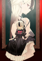 1girl back black_dress black_hair black_horns blue_archive bow bowtie closed_mouth collared_dress commentary_request demon_horns dress ear_piercing grey_hair halo highres horns kayoko_(blue_archive) kayoko_(dress)_(blue_archive) long_hair long_sleeves looking_at_viewer multicolored_hair picture_frame piercing puffy_long_sleeves puffy_sleeves red_bow red_bowtie red_eyes shadow117 skirt_hold standing two-tone_hair
