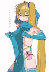 1girl akita_neru anger_vein annoyed arms_up ass blonde_hair blush boots breasts cellphone commentary commentary_request cosplay covered_erect_nipples detached_sleeves highres hood ichill_okuzaki leberblume leberblume_(cosplay) long_hair mahou_shoujo_ni_akogarete medium_breasts narrow_waist pelvic_curtain phone side_ponytail sideboob simple_background smartphone solo star_(symbol) thigh_boots upper_body very_long_hair vocaloid white_background