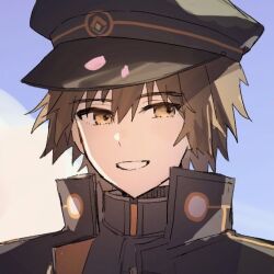 1234eabc 1boy black_sweater brown_eyes brown_hair cherry_blossoms cropped_shoulders falling_petals fate/grand_order fate_(series) hat high_collar kishinami_hakuno_(male) kishinami_hakuno_(male)_(mooncancer) looking_at_viewer male_focus petals sailor_hat short_hair smile solo spiked_hair sweater turtleneck turtleneck_sweater