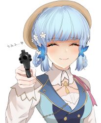 1girl absurdres aiming aiming_at_viewer ayaka_(genshin_impact) blue_hair blunt_bangs braid breasts brown_headwear butterfly_hair_ornament closed_eyes closed_mouth collar commentary_request flower genshin_impact gun hair_flower hair_ornament hair_up highres holding holding_gun holding_weapon hotaboshi_yazuki kamisato_ayaka kamisato_ayaka_(springbloom_missive) light_blue_hair light_blush long_sleeves medium_breasts official_alternate_costume simple_background smile solo translated weapon white_background white_collar yaduki100