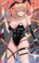 1girl absurdres alcohol alternate_costume ana_(vvvvor) animal_ears bare_shoulders black_gloves black_leotard bottle breasts cleavage commentary_request cup drinking elbow_gloves evelyn_chevalier fake_animal_ears fake_tail glass gloves highres large_breasts leotard looking_at_viewer purple_eyes rabbit_ears rabbit_tail solo tail thigh_strap thighs zenless_zone_zero