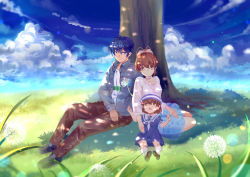 Rule 34 | 1boy, 2girls, absurdres, antenna hair, blue eyes, blue hair, brown eyes, brown hair, casual, clannad, cloud, dandelion, day, dress, family, flower, furukawa nagisa, hat, highres, multiple girls, nanyuan, okazaki tomoya, okazaki ushio, outdoors, ponytail, sailor collar, sailor dress, school uniform, serafuku, short hair, sitting, tree, white sailor collar
