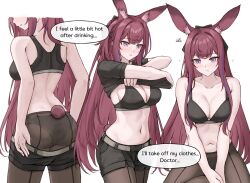 Rule 34 | 1girl, absurdres, animal ear fluff, animal ears, arknights, ass, black bra, black panties, black shirt, blush, bra, breasts, cleavage, closed mouth, clothes lift, collarbone, commentary, english commentary, english text, gongbangmanchi (daisy cutter), hair intakes, highres, large breasts, long hair, looking at viewer, multiple views, navel, open mouth, panties, panties under pantyhose, pantyhose, purple eyes, purple hair, rabbit ears, rabbit girl, rabbit tail, ray (arknights), shirt, shirt lift, simple background, speech bubble, stomach, tail, underwear, undressing, white background