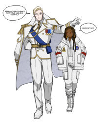 1boy 1girl aiguillette arm_behind_back blonde_hair blue_eyes brown_hair coat coat_on_shoulders colored_inner_hair dark-skinned_female dark_skin english_text epaulettes fringe_trim full_body gloves hands_in_pockets highres jacket kyou_(iuciferic) looking_at_another medal military_uniform multicolored_hair open_clothes open_jacket orange_hair original pants pilot_suit red_eyes scar speech_bubble two-tone_hair very_dark_skin white_background white_coat white_gloves white_jacket white_pants