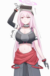 1girl asymmetrical_gloves bare_shoulders black_gloves blue_archive bodysuit breasts cleavage commentary_request eimi_(blue_archive) elbow_gloves gloves goggles goggles_on_head halo highres large_breasts long_hair midriff mismatched_gloves mola_(mola526) navel open_mouth pink_eyes pink_hair solo translation_request