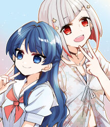 Rule 34 | 2girls, :d, black choker, blue dress, blue eyes, blue hair, choker, closed mouth, collarbone, colored inner hair, commentary request, diagonal bangs, dollchestra, dress, grey hair, hair intakes, hair ornament, half updo, inward v, kanduki kamibukuro, link! like! love live!, long hair, looking at viewer, love live!, mole, mole on neck, multicolored hair, multiple girls, murano sayaka, navel, neckerchief, o-ring, o-ring choker, open mouth, puffy short sleeves, puffy sleeves, red eyes, red hair, red neckerchief, sailor collar, sailor dress, shirt, short hair, short sleeves, smile, split mouth, star (symbol), star hair ornament, streaked hair, summer uniform, upper body, v, virtual youtuber, w, white sailor collar, white shirt, yugiri tsuzuri