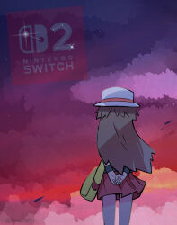 1boy 1girl brown_hair cloud commentary_request constellation facing_away hat highres leaf_(pokemon) long_hair nintendo nintendo_switch_2 pleated_skirt pokemon pokemon_frlg rascal_(feuille) red_skirt skirt solo twilight white_hat wristband yellow_bag