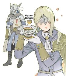 1boy 1girl armor ascot bag blonde_hair blue_surcoat brother_and_sister brown_gloves burger cheese commentary duchess_(elden_ring) elden_ring elden_ring_nightreign eye_mask food gloves helmet highres holding holding_bag holding_burger holding_food lettuce looking_at_viewer open_mouth parted_bangs siblings simple_background sqqccca standing symbol-only_commentary white_ascot white_background white_gloves winged_helmet wylder_(elden_ring)