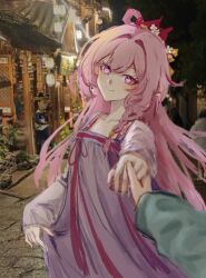 Rule 34 | 1girl, 1other, alternate costume, bell, chinese commentary, commentary request, diamond-shaped pupils, diamond (shape), dress, elysia (herrscher of human: ego) (honkai impact), elysia (honkai impact), flower, hair bell, hair flower, hair ornament, highres, holding hands, honkai (series), honkai impact 3rd, long hair, looking at viewer, outdoors, photo background, pink hair, pov, pov hands, purple dress, purple eyes, smile, symbol-shaped pupils, very long hair, white background, yeming (yeming66410)