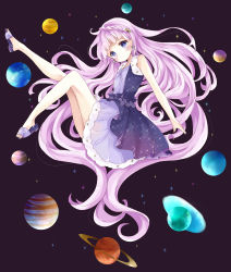1girl absurdly_long_hair absurdres bad_id bad_pixiv_id bare_arms bare_legs bare_shoulders blunt_bangs blush braid commentary_request dress earrings earth_(planet) female_focus from_side fur-trimmed_dress fur_trim head_tilt highres jewelry jupiter_(planet) jupiter_symbol light_smile long_hair looking_at_viewer looking_to_the_side mars_(planet) mars_symbol mercury_(planet) mercury_symbol neptune neptune_symbol original outstretched_arm pink_hair planet pluto_(planet) pluto_symbol purple_eyes purple_footwear sandals saturn_(planet) saturn_symbol shoes sleeveless sleeveless_dress solo space star_(sky) star_(symbol) star_earrings starry_sky_print tsukiyo_(skymint) uranus_(planet) uranus_symbol venus_(planet) venus_symbol very_long_hair