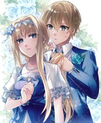 1boy 1girl alice_zuberg blonde_hair blue_dress blue_eyes blue_flower blue_jacket blue_rose bracelet closed_mouth collared_shirt dress eugeo flower frown green_eyes hair_flower hair_ornament hairband jacket jewelry long_hair long_sleeves mady_(madine08260) necklace parted_lips rose shirt short_hair short_sleeves sidelocks standing sweatdrop sword_art_online sword_art_online:_alicization tying_another&#039;s_hair upper_body very_long_hair white_hairband white_shirt wing_collar