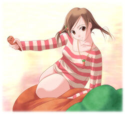 1girl akiba_yuji bad_id breasts brown_eyes brown_hair carrot carrot-shaped_pillow carrot_hair_ornament carrot_necklace closed_mouth commentary dated_commentary feet_out_of_frame food-themed_hair_ornament hair_ornament jewelry leaning_forward looking_at_viewer low_twintails lowres medium_breasts medium_hair necklace original pink_shirt shirt smile solo striped_clothes striped_shirt twintails white_shirt