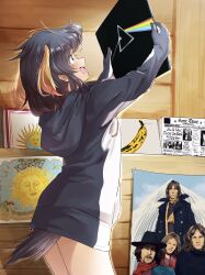 1girl black_hair black_hoodie blonde_hair blush copyright_request cowboy_shot dark_side_of_the_moon dress hair_between_eyes highres hood hood_down hoodie kemono_friends long_sleeves mittens multicolored_hair open_mouth penguin_girl penguin_tail pink_floyd record rockhopper_penguin_(kemono_friends) short_twintails sidelocks smile solo sweater sweater_dress tail twintails two-tone_hoodie velvet_underground white_hoodie wifi1981321