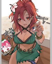 Rule 34 | bikini, bracelet, breasts, cleavage, criss-cross halter, dark-skinned female, dark skin, fire emblem, fire emblem: three houses, fire emblem heroes, flower, food, from above, green bikini, hair flower, hair ornament, halterneck, hapi (fire emblem), hapi (summer) (fire emblem), holding, holding spoon, jewelry, large breasts, navel, nintendo, official alternate costume, open mouth, red eyes, red hair, sakura no yoru, shaved ice, simple background, smile, spoon, swimsuit, thighs