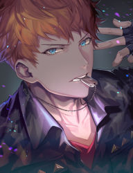 1boy biting blue_eyes brown_hair busujima_rio_mason camouflage dog_tags hypnosis_mic