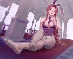 1girl animal_ears argyle aroddst4 bare_shoulders breasts brown_eyes brown_hair capelet ceiling cleavage collarbone covered_navel crossed_legs detached_collar fake_animal_ears feet fishnet_pantyhose fishnets hand_up highres idolmaster idolmaster_cinderella_girls idolmaster_cinderella_girls_starlight_stage indoors leotard long_hair looking_at_viewer medium_breasts necktie pantyhose playboy_bunny purple_leotard purple_necktie rabbit_ears rainbow_gradient red_capelet sidelocks signature sitting soles solo stone_pillar toes tongue tongue_out white_wrist_cuffs wrist_cuffs zaizen_tokiko