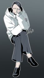 1boy commentary crossed_legs full_body grey_background hand_on_own_cheek hand_on_own_face hand_up hashtag-only_commentary highres hood hooded_jacket ichigo_beeru invisible_chair jacket long_sleeves looking_to_the_side male_focus outline pants shoes short_hair signature sitting smile solo toshi_densetsu_kaitai_center yamada_gasmask
