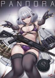 1girl absurdres artist_name black_ribbon black_thighhighs blood blood_on_cheek blood_on_ground bow bow_bra bow_panties bra breasts breasts_apart caiman_pool character_name commentary drum_magazine english_text girls&#039;_frontline grey_hair gun hair_ribbon highres jacket large_breasts light_machine_gun lingerie long_hair lying machine_gun magazine_(weapon) medium_hair on_back open_mouth panties pouch purple_bra purple_eyes purple_panties ribbon rpk-16 rpk-16_(girls&#039;_frontline) side-tie_panties smile solo thighhighs tile_floor tiles underwear underwear_only unworn_jacket weapon white_mouth