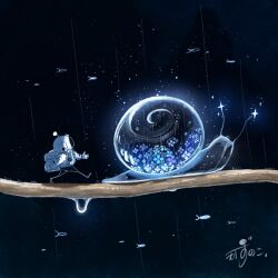 1other animal_focus artist_name astronaut backpack bag blue_flower branch commentary fish flower following gloves helmet highres hydrangea kazunoko_(kazunoko_zunoco) mini_person original radio_antenna rain see-through_body shell signature snail space space_helmet spacesuit sparkle standing star_(sky) walking water water_drop white_gloves