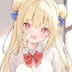 Rule 34 | 1girl, :d, blonde hair, blue bow, blush, bow, bowtie, collared shirt, colored eyelashes, commentary, commission, day, double bun, dress shirt, eyelashes, hair between eyes, hair bow, hair bun, hair intakes, hair over shoulder, hamidashi creative, happy, highres, indoors, izumi hiyori, long hair, long sleeves, looking at viewer, open mouth, red bow, red bowtie, red eyes, school uniform, shirt, sidelighting, smile, solo, straight hair, upper body, white shirt, zuu (qq770463651)