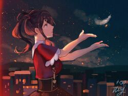 +infinitytlxy 1girl ame-chan_(needy_girl_overdose) black_hair blue_eyes city cloud cloudy_sky feathers fire frilled_sleeves frills from_side hair_between_eyes hair_ornament hair_tie light_particles mountainous_horizon needy_girl_overdose night night_sky outstretched_arms reaching short_twintails sidelocks skirt sky skyline solo suspender_skirt suspenders twintails x_hair_ornament