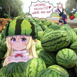 2girls airani_iofifteen animal_ears blonde_hair c: commentary_request dress english_text food from_behind fruit fur-trimmed_dress fur_trim hair_bun hiding highres holding_pan hololive hololive_indonesia horns ikazu401 indonesian_commentary long_hair meme multiple_girls overalls paint_on_clothes paint_splatter photo_background pink_hair purple_eyes road scared sheep_ears sheep_girl sheep_horns side_ponytail single_side_bun smile speech_bubble standing tree tsunomaki_watame tsunomaki_watame_(1st_costume) utility_pole virtual_youtuber watamelon_(meme) watermelon