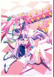 2girls absurdres arm_garter arm_up armpits bandeau black_arm_garter black_bandeau black_gloves black_thighhighs blood blood_tune bloody_weapon blush boots bow bowtie breasts capelet chaos;head chaos;head_love_chu_chu! checkered_floor detached_sleeves dress earrings erin-fray_orgel fingerless_gloves flat_chest fluffy_hair frilled_capelet frilled_gloves frilled_skirt frills gloves gold_trim hair_between_eyes hair_ornament hand_on_another&#039;s_cheek hand_on_another&#039;s_face hand_on_another&#039;s_head hand_on_floor happy hat headpat high_collar highres huge_weapon jacket jewelry lap_pillow long_hair long_sleeves looking_at_another looking_down looking_up lying_on_lap mace magical_girl matsuo_yukihiro medium_breasts miniskirt multiple_girls necktie non-web_source off-shoulder_capelet official_art open_mouth panties petting pink_boots pink_capelet pink_gloves pink_hair pink_panties purple_eyes purple_hair red_bow ribbon seira_orgel shiny_skin siblings sidelocks single_earring sisters skirt smile spiked_bat spiked_mace spikes strap teeth thick_thighs thighhighs thighs tongue twintails underwear upper_teeth_only weapon white_boots white_dress white_thighhighs zettai_ryouiki zig-zag_pattern