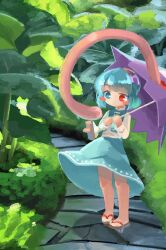 1girl blue_eyes blue_hair blue_vest blush_stickers collar full_body heterochromia highres holding holding_umbrella karakasa_obake long_sleeves outdoors red_eyes shirt short_hair skirt solo sweet_reverie tatara_kogasa tongue touhou umbrella vest white_collar white_shirt