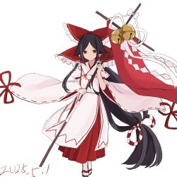 16sanrach 1girl absurdly_long_hair absurdres bell black_hair bow chihaya_(clothing) closed_mouth commentary_request dated foul_detective_satori frilled_bow frilled_hair_tubes frills full_body gensokyo&#039;s_first_hakurei_miko gohei hair_bow hair_tubes highres holding holding_gohei huge_bow japanese_clothes jingle_bell kouhaku_nawa long_hair looking_at_viewer low-tied_long_hair red_bow red_eyes red_skirt ribbon-trimmed_sleeves ribbon_trim rope shimenawa simple_background skirt smile socks solo split_mouth tabi touhou very_long_hair white_background white_socks wide_sleeves