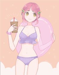 Rule 34 | 1girl, bikini, closed mouth, cup, frilled bikini, frills, hair ornament, hairclip, highres, holding, holding cup, holding swim ring, innertube, lacey (pokemon), nintendo, pink hair, pokemon, pokemon sv, purple bikini, scrunchie, shinogo no, swim ring, swimsuit, wrist scrunchie, yellow eyes