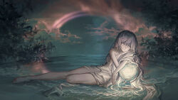 Rule 34 | 1girl, bare legs, barefoot, beach, blank stare, bright pupils, closed mouth, cloud, commentary, crossed arms, foliage, full body, globe, glowing, glowing eyes, grey hair, hair between eyes, head rest, highres, horizon, leaning on object, long hair, looking to the side, mira (345toron), muted color, ocean, original, outdoors, outstretched leg, single off shoulder, sitting, solo, torn clothes, twilight, very long hair, water, wavy hair