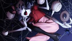 1girl arthropod_girl boots colored_skin extra_arms extra_eyes fangs high_heel_boots high_heels highres insect_girl monster_girl muffet purple_skin ribbon spider_girl teapot teeth thigh_boots undertale