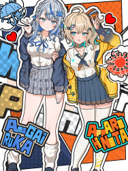 2girls absurdres amagai_ruka appare_hinata aqua_collar aqua_hair aqua_nails arm_at_side arm_up black_coat black_ribbon black_shoes blonde_hair blue_bow blue_bowtie blue_eyes blue_hair blue_jacket blue_nails blue_skirt blush bow bowtie braid character_name closed_mouth coat collared_shirt comic_background commentary_request gradient_coat grey_hair grey_skirt hair_ornament hair_ribbon hairclip heart highres holding_another&#039;s_arm jacket long_hair long_sleeves looking_at_viewer loose_socks miniskirt multicolored_hair multiple_girls nail_polish open_clothes open_coat open_jacket orange_ribbon outline parted_bangs plaid_clothes plaid_skirt pleated_skirt ribbon shirt shirt_tucked_in shoes side-by-side side_braids side_ponytail sidelocks skirt smile socks speech_bubble streaked_hair thighhighs tongue tongue_out umbrella v virtual_youtuber weather_planet white_outline white_shirt white_socks white_thighhighs yadokaribeer yellow_coat zipper