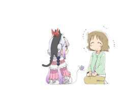 Rule 34 | 2girls, animal, animal on head, bad id, bad pixiv id, beads, black cat, blush stickers, cat, cat on head, closed eyes, closed mouth, company connection, dragon girl, dragon horns, dress, gradient hair, green jacket, hair beads, hair ornament, highres, horns, jacket, kanna kamui, kneeling, kobayashi-san chi no maidragon, kyoto animation, long hair, long sleeves, multicolored hair, multiple girls, nichijou, on head, pants, pink dress, purple hair, purple shirt, red scarf, sakamoto (nichijou), sakurai izumi, samansa ex, scarf, shirt, simple background, smile, socks, very long hair, white background, white dress, white hair, white socks, yellow pants