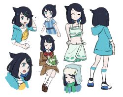 1girl aged_down black_hair bow bowtie brown_jacket brown_shoes brown_skirt colored_inner_hair commentary_request cowlick green_hat green_scarf hair_ornament hairclip hat highres hood hood_down hooded_jacket jacket kneepits liko_(pokemon) medium_hair multicolored_hair multiple_views nintendo on_lap pokemon pokemon_(anime) pokemon_(creature) pokemon_horizons pokemon_on_lap red_bow red_bowtie sarong scarf school_uniform shirt shoes sitting skirt socks sprigatito standing swept_bangs swimsuit white_shirt white_shoes white_socks yellow_bag yibuzhai