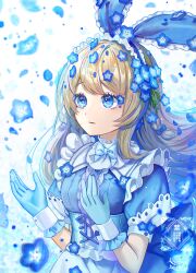 1girl absurdres alice_(alice_in_wonderland) alice&#039;s_adventures_in_wonderland animal_ears artist_name blonde_hair blue_bow blue_bowtie blue_dress blue_eyes blue_flower blue_gloves blue_hairband blue_theme bow bowtie braid commentary_request corset dress fake_animal_ears flower flower-shaped_pupils frilled_gloves frilled_hairband frills gloves hair_bow hair_flower hair_ornament hairband highres kozou_kazaru long_hair looking_ahead parted_lips rabbit_ears short_sleeves sidelocks solo symbol-shaped_pupils