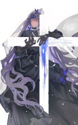 00quanta 1boy 1girl absurdres black_dress black_gloves black_veil blue_butterfly blunt_bangs bug butterfly closed_eyes closed_mouth couple cross curly_hair dress elbow_gloves gloves hair_flowing_over highres honkai_(series) honkai_impact_3rd hugging_object insect jewelry kevin_kaslana long_dress long_hair mei_(honkai_impact) nail_(hardware) necklace pearl_necklace simple_background standing veil white_background