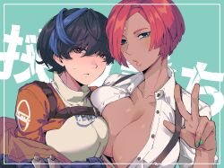1girl 2girls asymmetrical_docking black_hair blue_eyes blue_jacket blue_streaks blush breast_press breasts buttons cleavage dark-skinned_female dark_skin giovanna_(guilty_gear) guilty_gear guilty_gear_strive highres jacket large_breasts lips looking_at_viewer multicolored_hair multiple_girls nkmr_863 no_bra open_clothes open_shirt red_eyes red_hair short_hair streaked_hair suspenders turtleneck unbuttoned unbuttoned_shirt unika_(guilty_gear)
