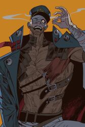 Rule 34 | 1boy, abs, arm up, bandage over one eye, bandaged arm, bandaged head, bandages, bare pectorals, belt, belt buckle, black belt, bloodshot eyes, buckle, burn scar, chest belt, cigarette, coat, collared coat, commentary, cowboy shot, dogho31, hat, highres, holding, holding cigarette, lapels, male focus, open clothes, open coat, open mouth, orange background, original, pants, peaked cap, pectorals, popped collar, red eyes, scar, sharp teeth, smoke, smoke trail, smoking, solo, teeth, toned, toned male, two-sided coat, two-sided fabric, white pants, wide-eyed