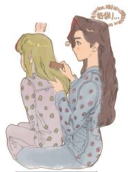 2girls bad_link blonde_hair blue_pajamas brown_hair brushing_another&#039;s_hair brushing_hair comb earrings hair_dye highres inside_out inside_out_2 jewelry long_hair multiple_girls pajamas purple_pajamas qianyu_rainz riley_andersen simple_background translation_request valentina_ortiz